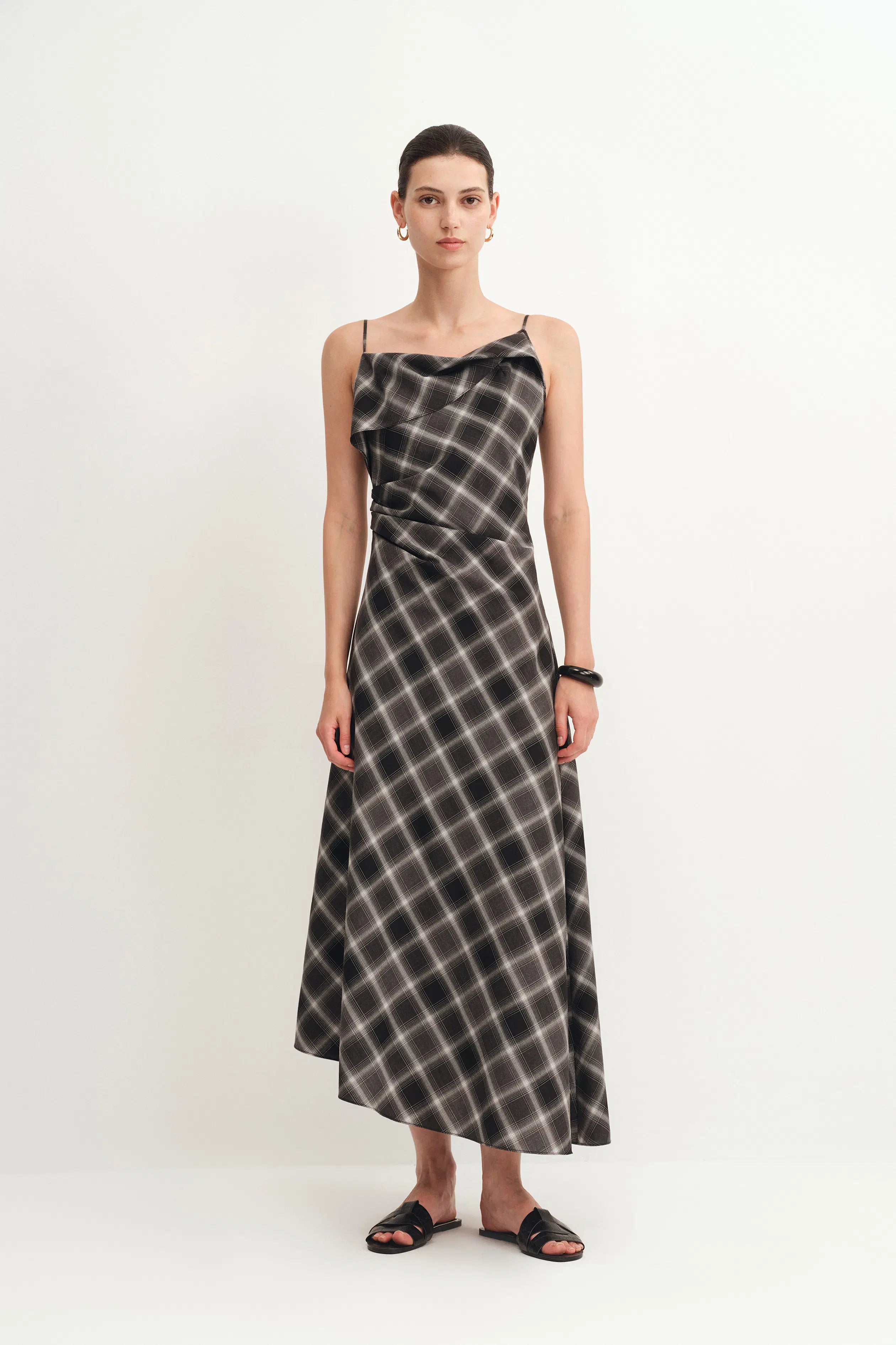 Anna Slanted Checkered Strap Dress in Fine Wool Blend XS