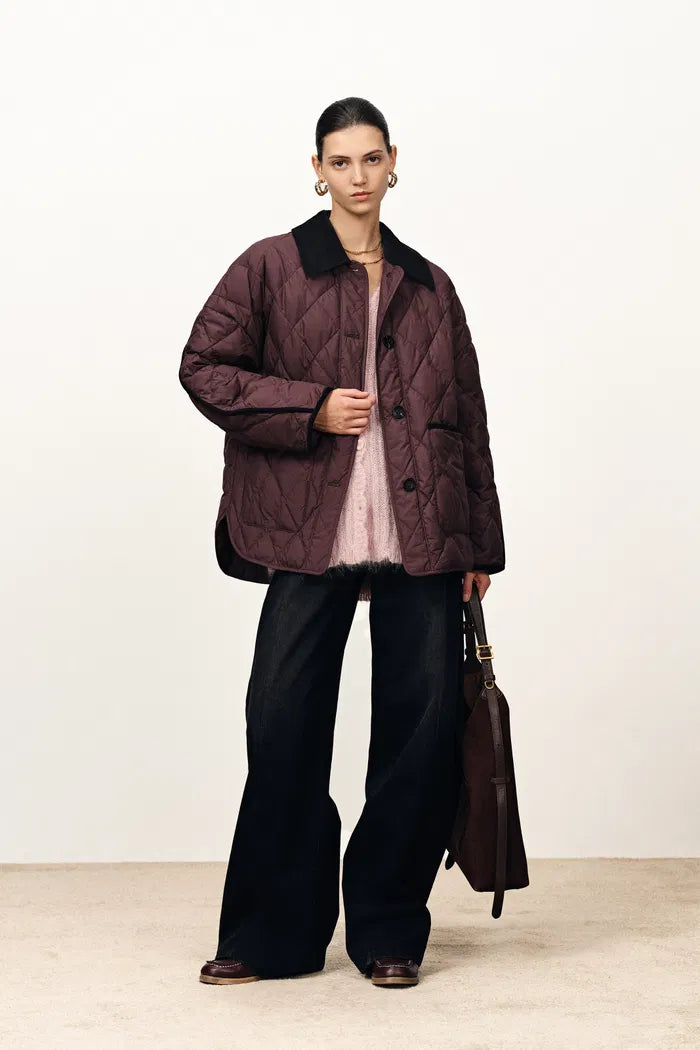 Udelle Contrast Corduroy Collar Down Jacket in Matte Cotton