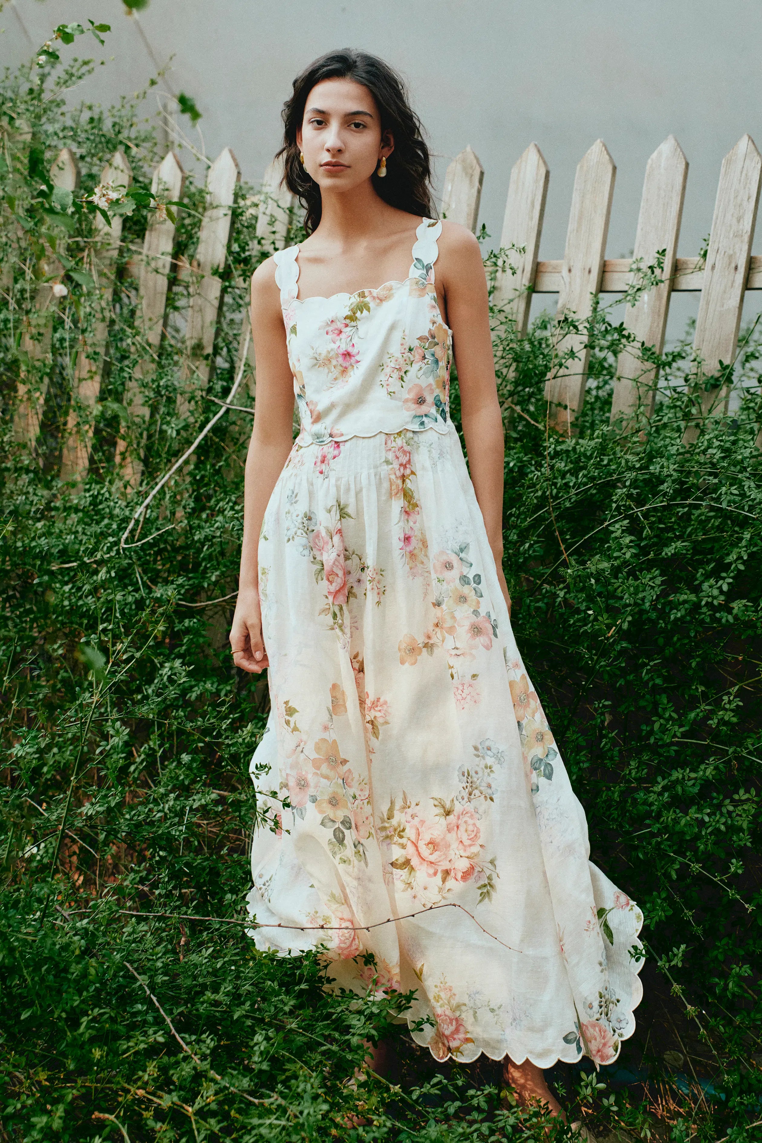 Xena Watercolor Flora Embroidery Strap Dress in Silk-Linen S/P