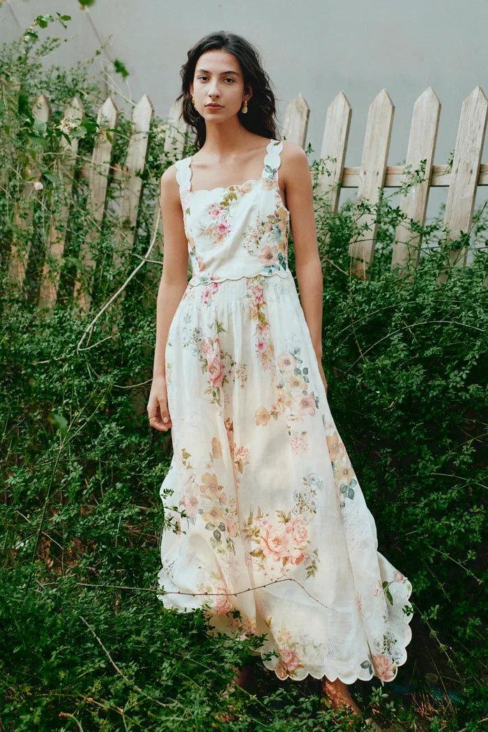 Xena Watercolor Flora Embroidery Strap Dress in Silk-Linen S/P Xena Watercolor Flora Embroidery Strap Dress in Silk-Linen S/P