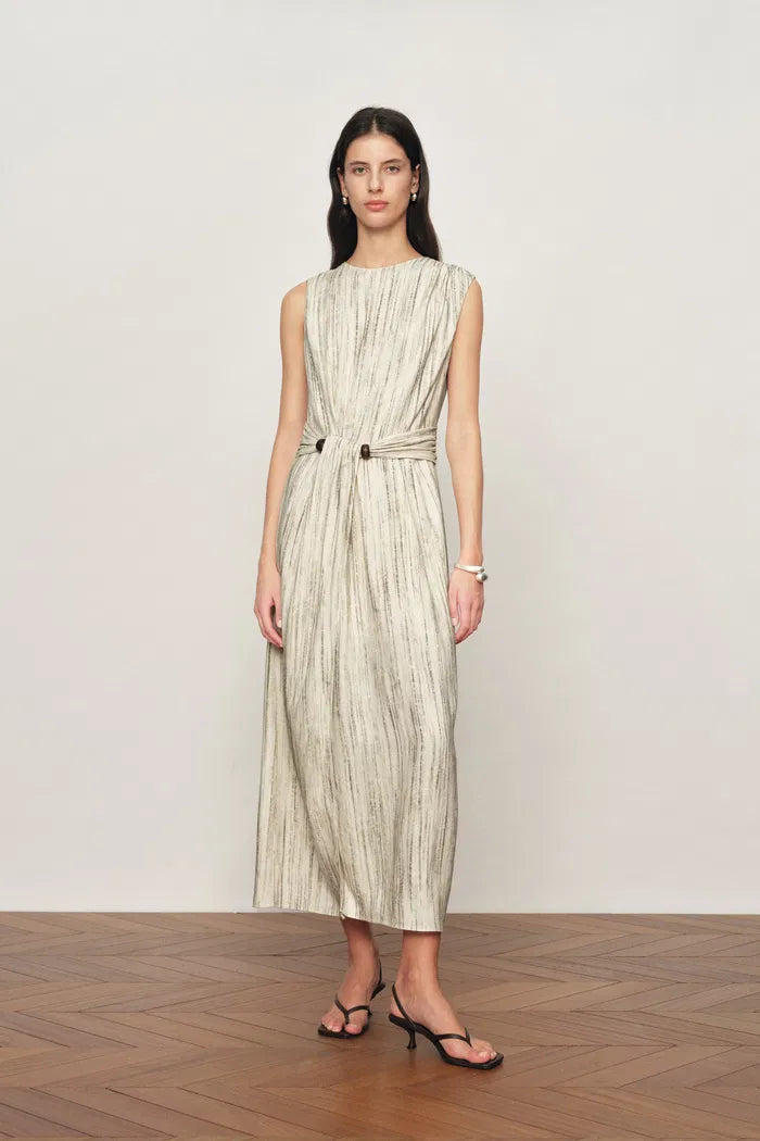 Felicia Handwork Draping Textured Stripe Sleeveless Dress in Linen Blend S/P