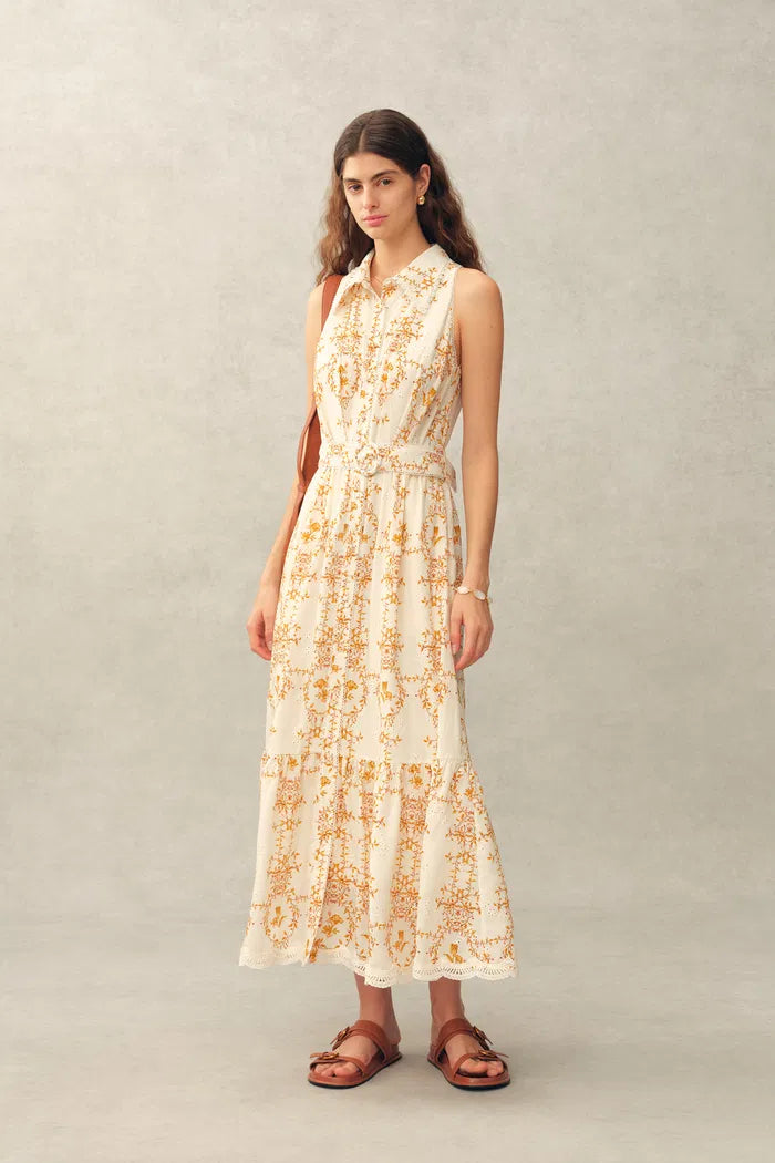 embroidered linen blend dress Embroidered Dolly Dress in Linen Blend Green