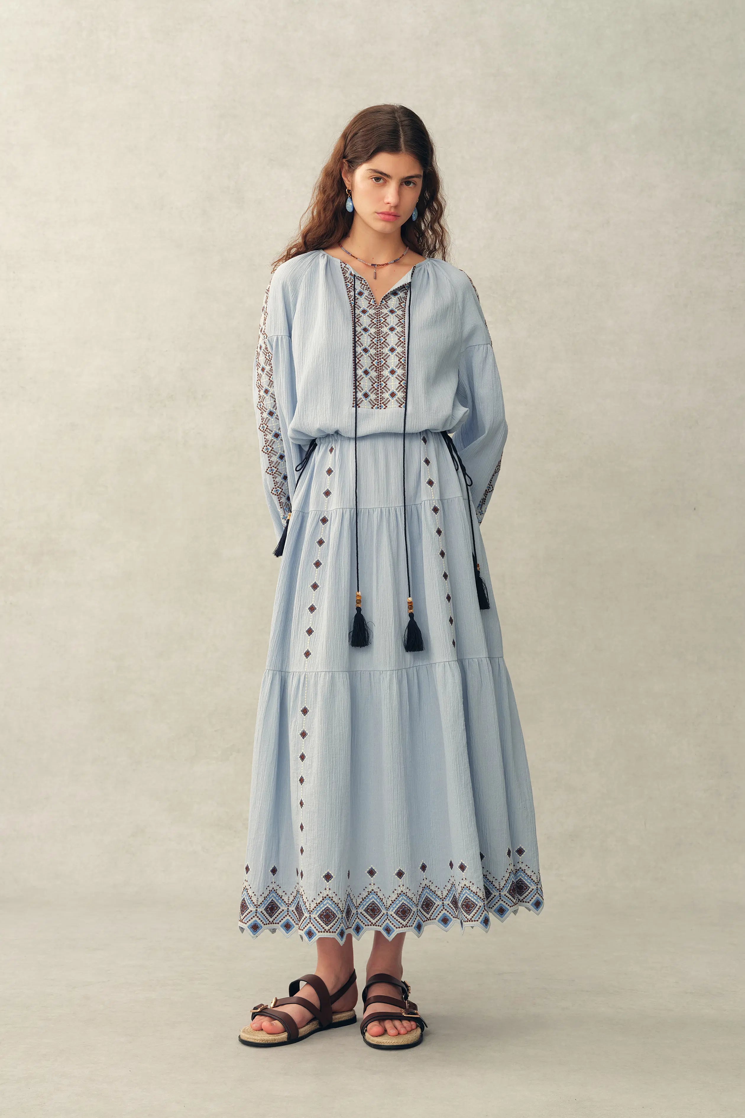 Briana Boho Embroidered Drawstring Long Puff Sleeve Dress in Cotton Cr –