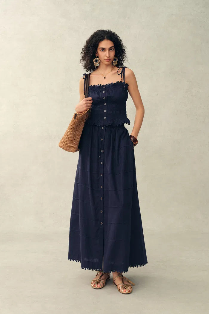 smocked bandeau dress Siena Smocked Tie Front Bandeau Top and Maxi Skirt Set in Linen Blend-Dark Blue L