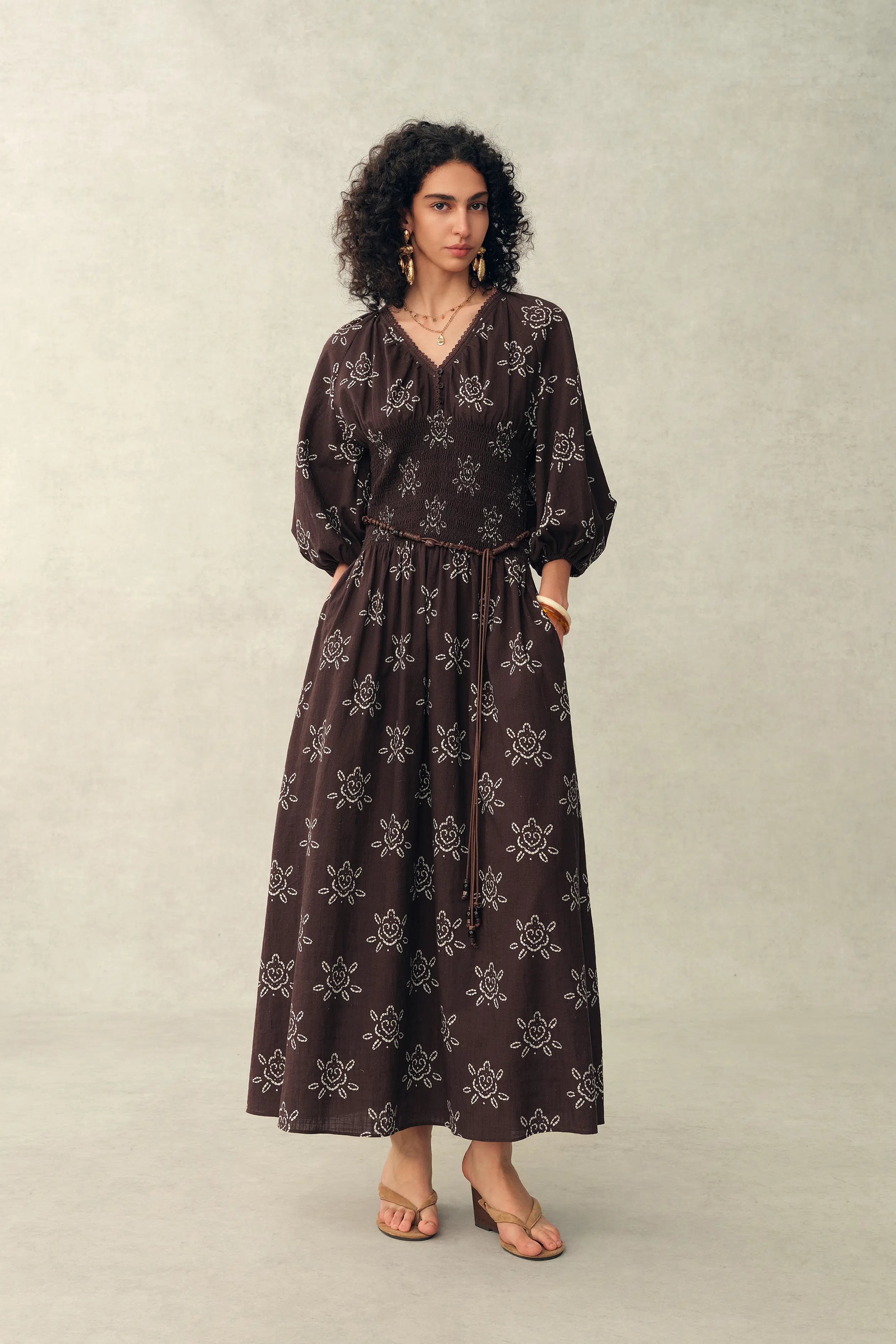 Cleo Smocked Handpainted Floral Puff Sleeve Midi Dress in Cotton S