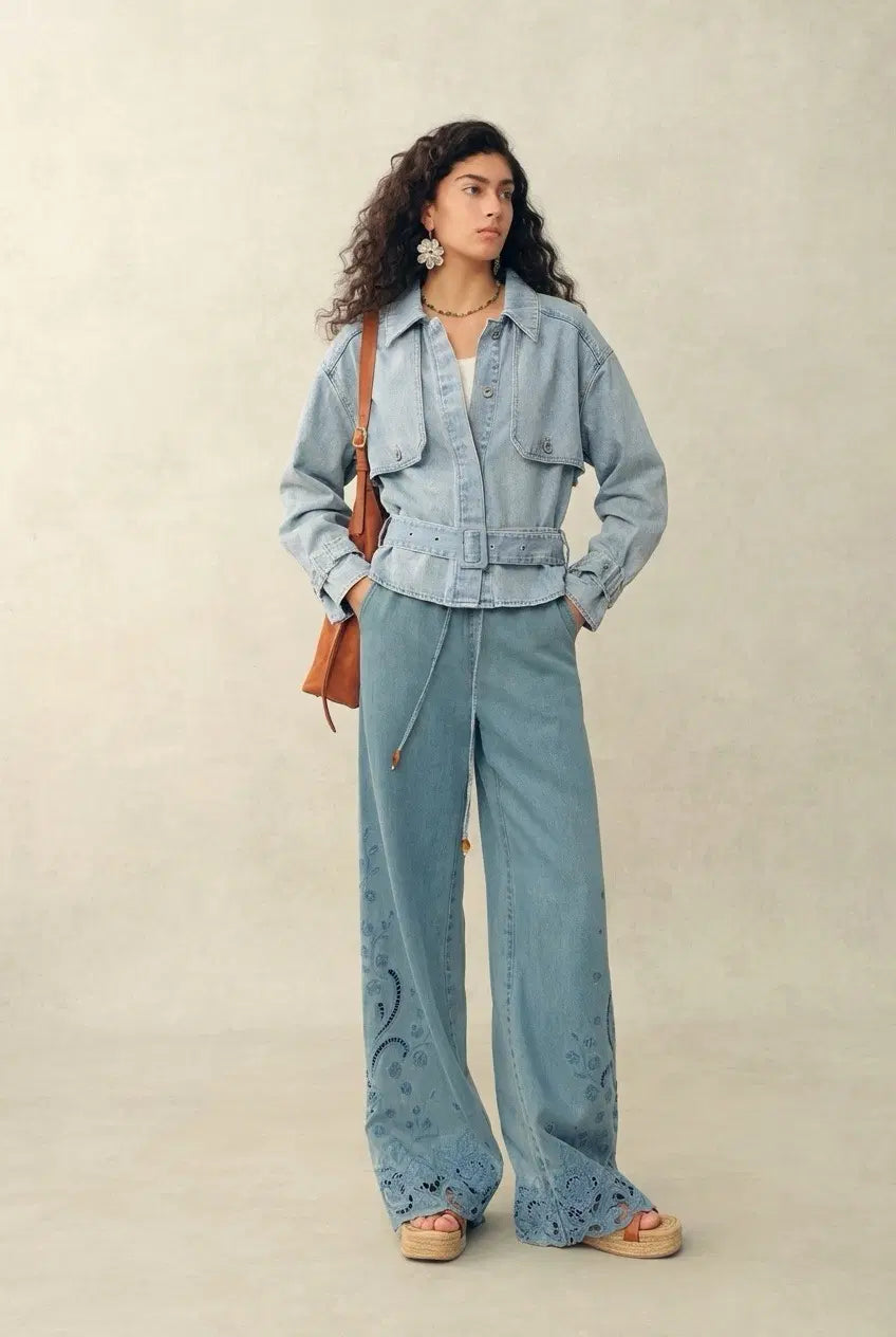 Halle Washed Short Trench Inspired Jacket in Light Blue Denim Halle Washed Short Trench Inspired Jacket in Light Blue Denim