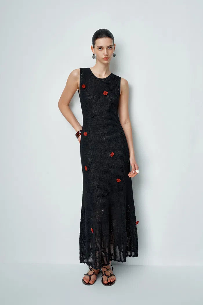 Ellie Black Sleeveless Floral Crochet Dress in Cotton Linen Knit L Ellie Black Sleeveless Floral Crochet Dress in Cotton Linen Knit L