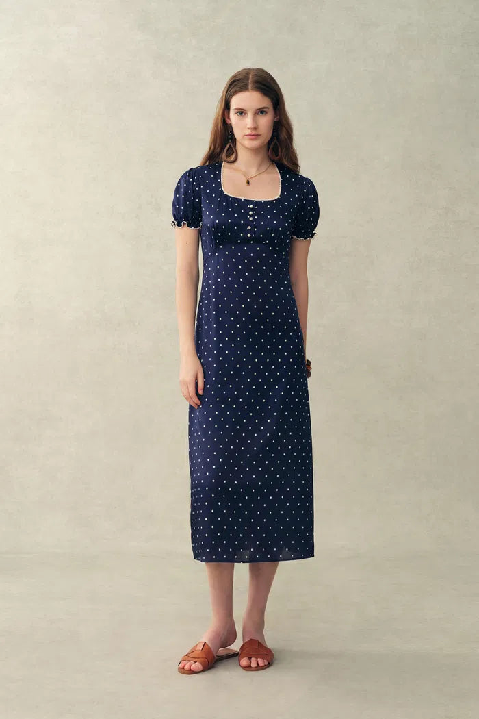 Carole French Style Polka Dot Squre Neck Puff Sleeve Dress in Silk Sat fbrq.com Carole French Style Polka Dot Squre Neck Puff Sleeve Dress in Silk Sat fbrq.com