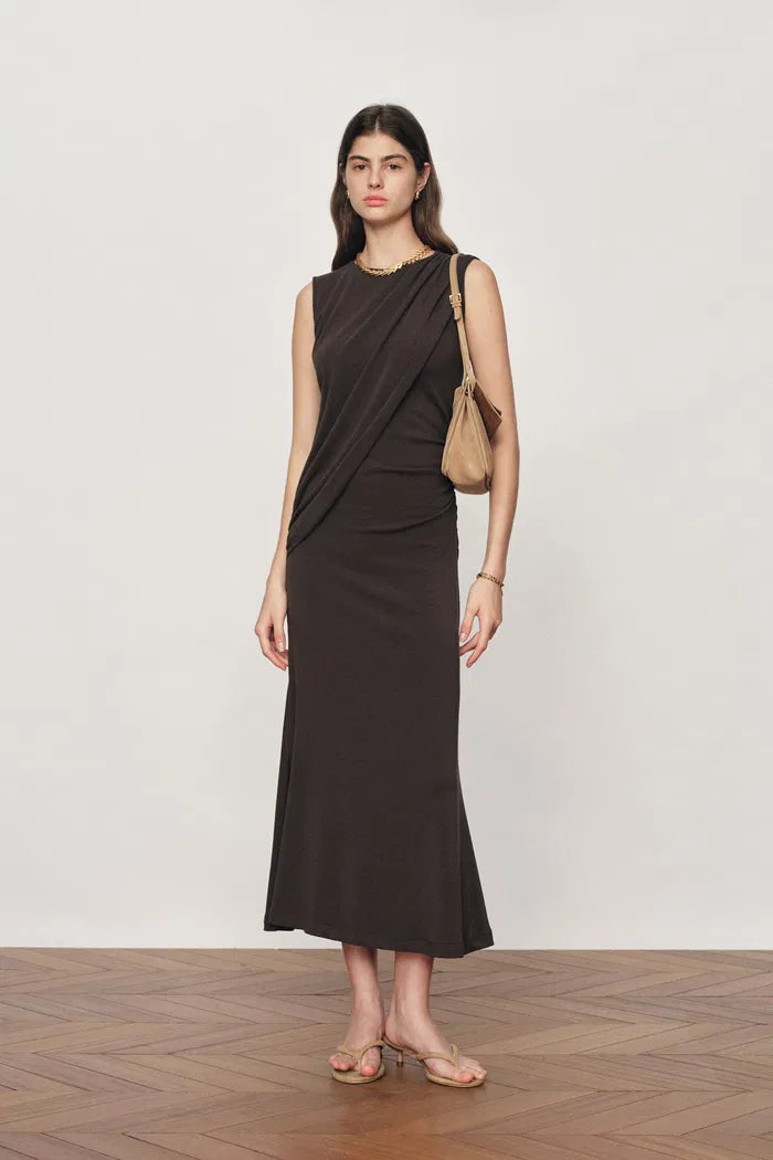 Raina Asymmetric Draped Sleeveless Fitted Dress in Cotton Modal Knit fbrq.com Raina Asymmetric Draped Sleeveless Fitted Dress in Cotton Modal Knit fbrq.com