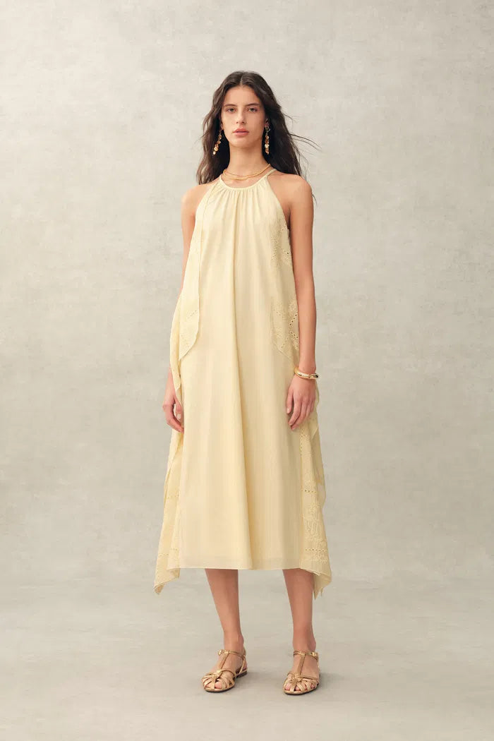 Hazel Lace Panel Halter Neck Sleeveless Boho Dress in Silk Cotton Blend XS Hazel Lace Panel Halter Neck Sleeveless Boho Dress in Silk Cotton Blend XS