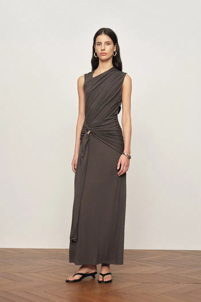 Delilah Gray Asymmetric Draped Sleeveless Dress in wool Blend Knit fbrq.com Delilah Gray Asymmetric Draped Sleeveless Dress in wool Blend Knit fbrq.com