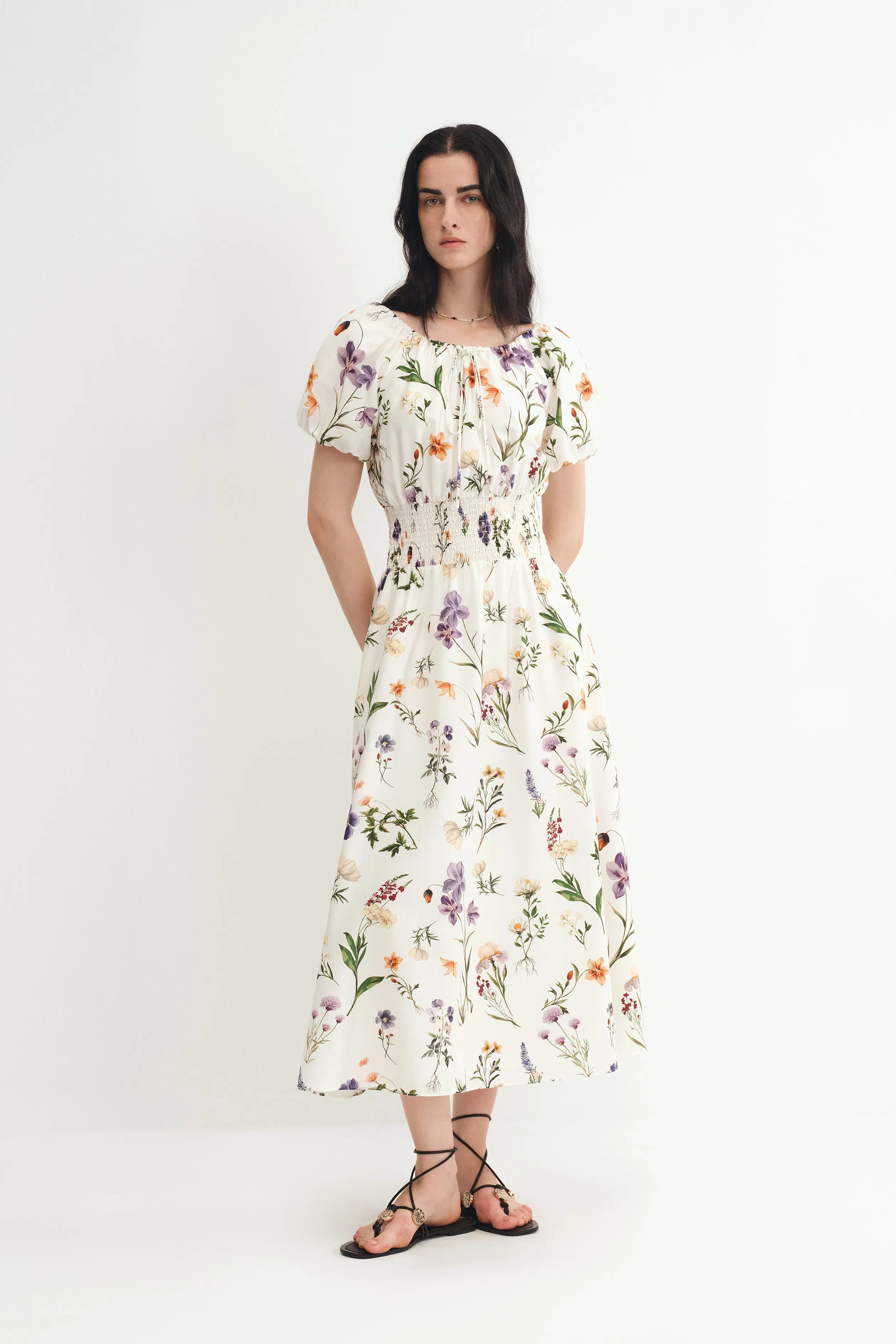 Mia Hand Painted Floral Dress in Silk-Cotton –