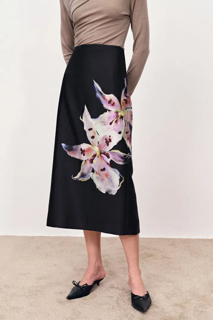 Miltonia Hand Painted Straight Skirt in Silk-Wool Satin –