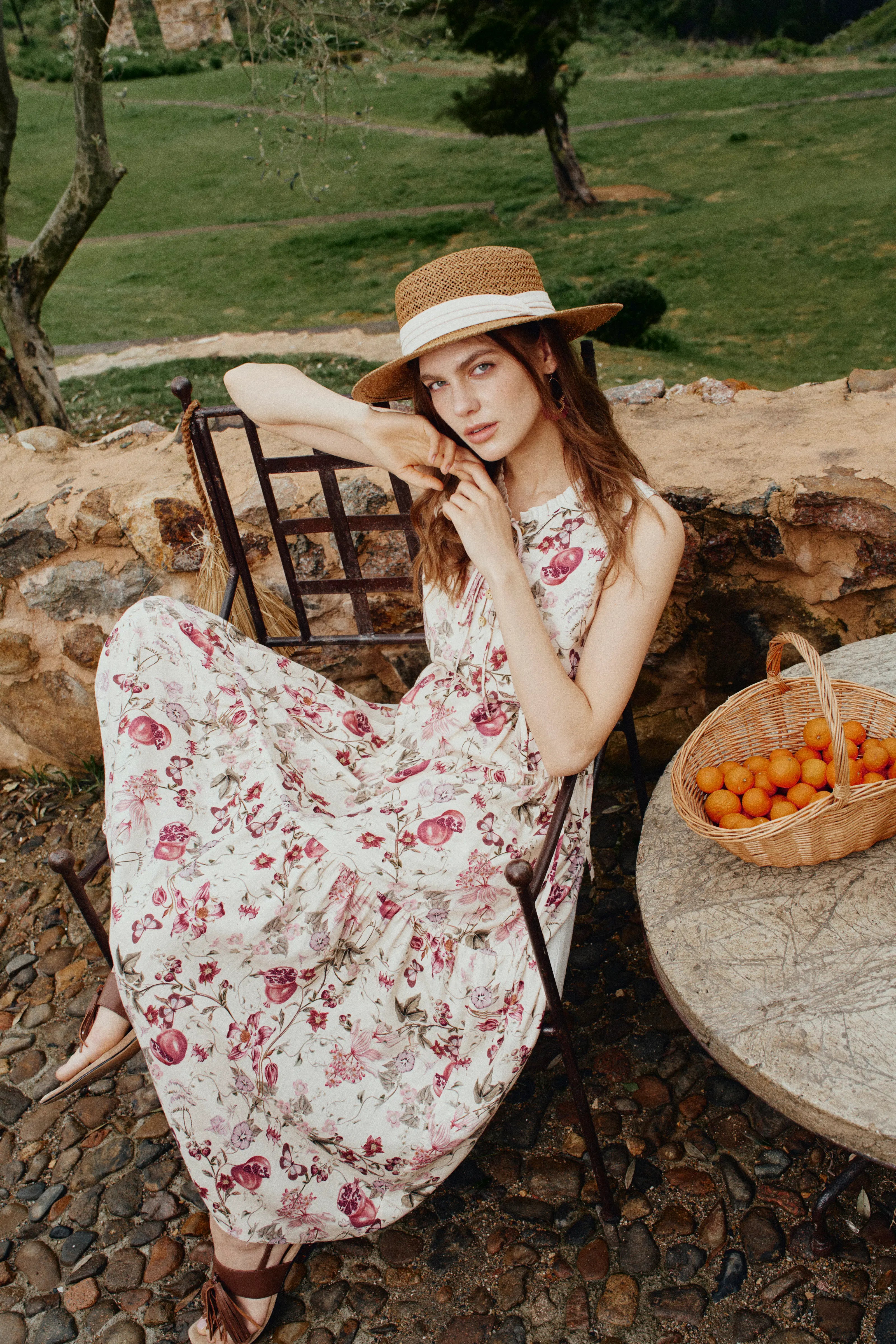 Liana Printed Pomegranate Floral Tiered Dress in Linen Blend XS/P