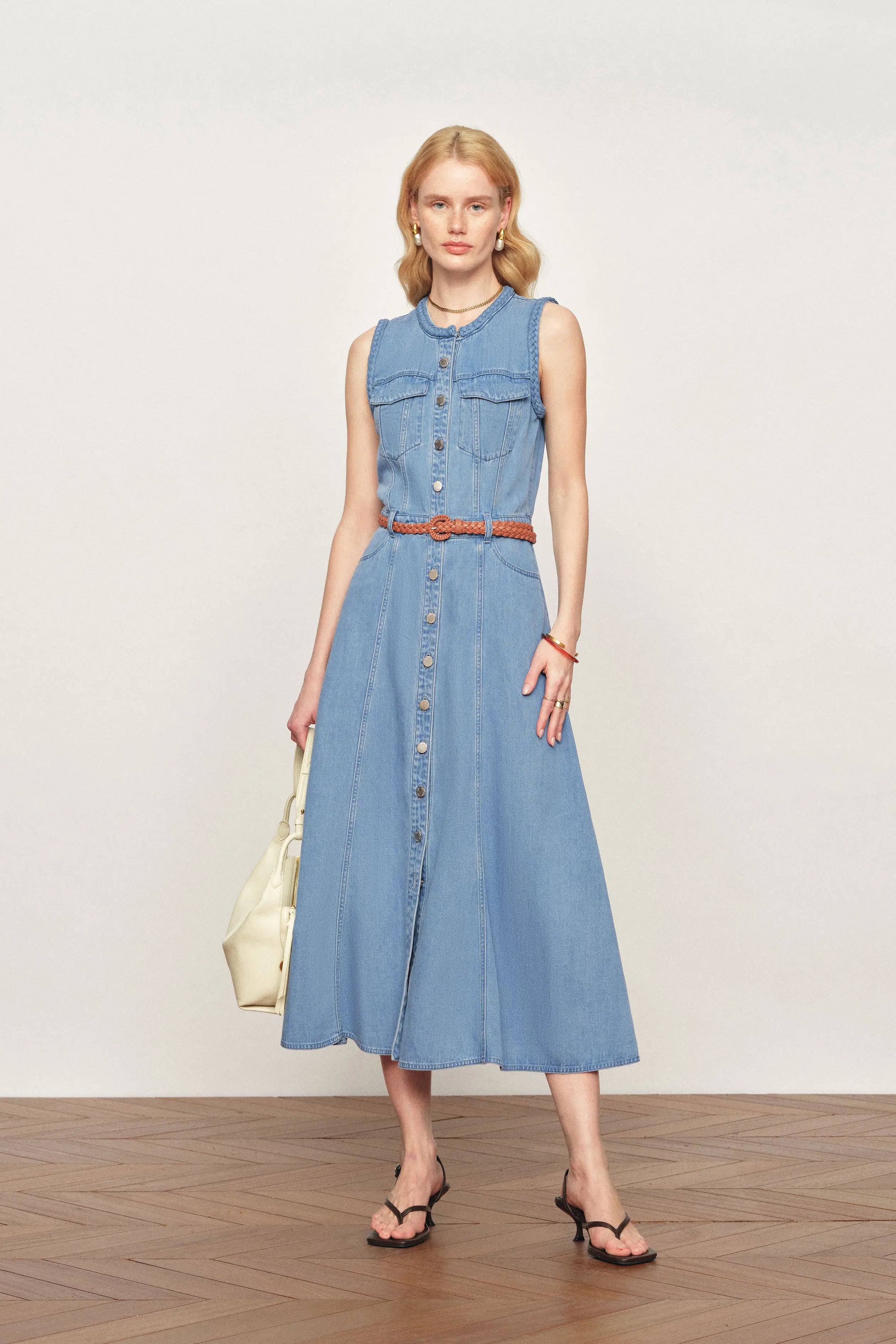 Nova Woven Strap Detail Sleeveless Denim Dress in Cotton-Linen Denim