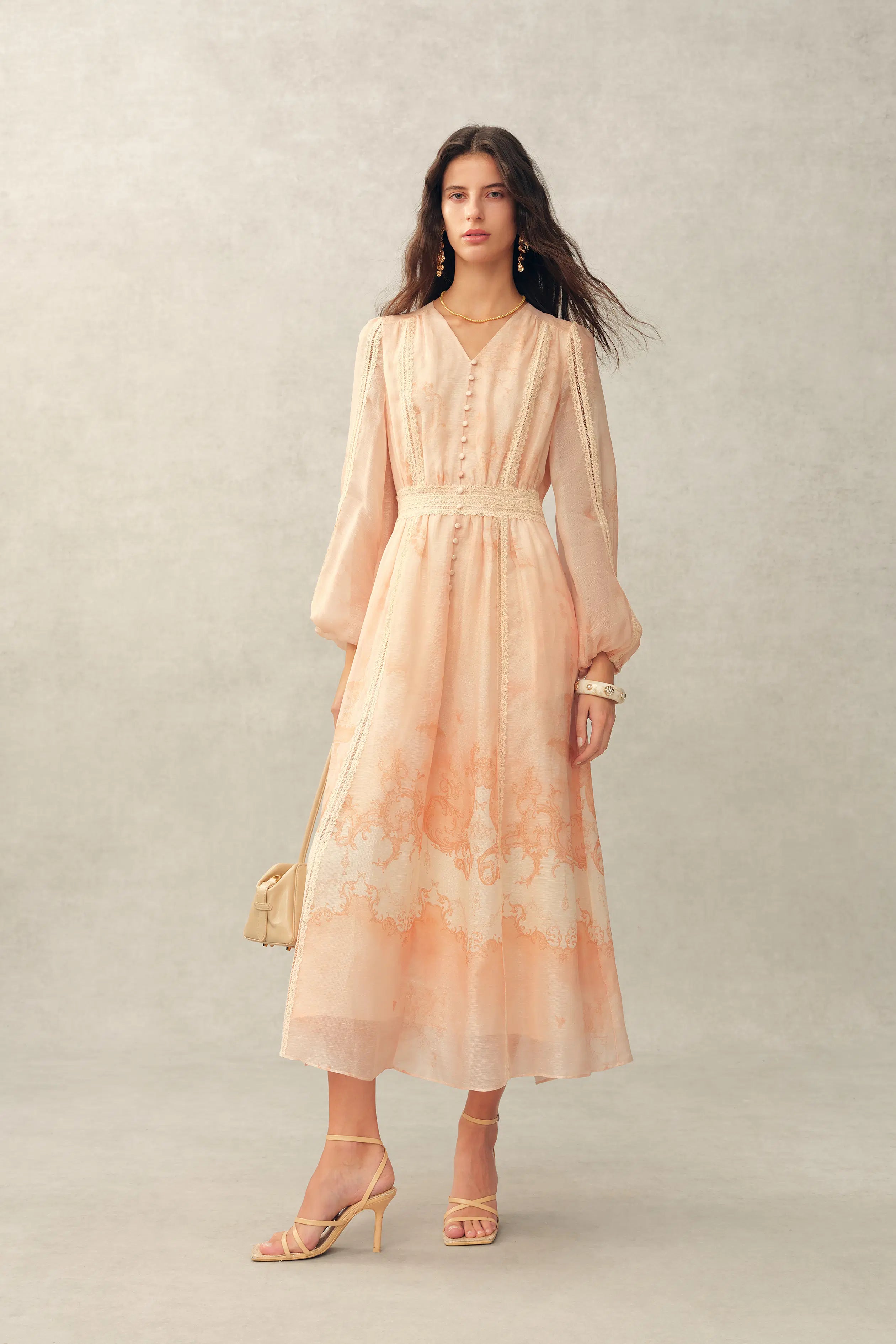 Anne Handpainted Floral Lace Dress in Silk Linen Organza M