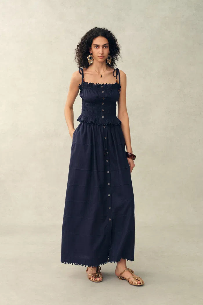 Siena Smocked Tie Front Bandeau Top and Maxi Skirt Set in Linen Blend Siena Smocked Tie Front Bandeau Top and Maxi Skirt Set in Linen Blend
