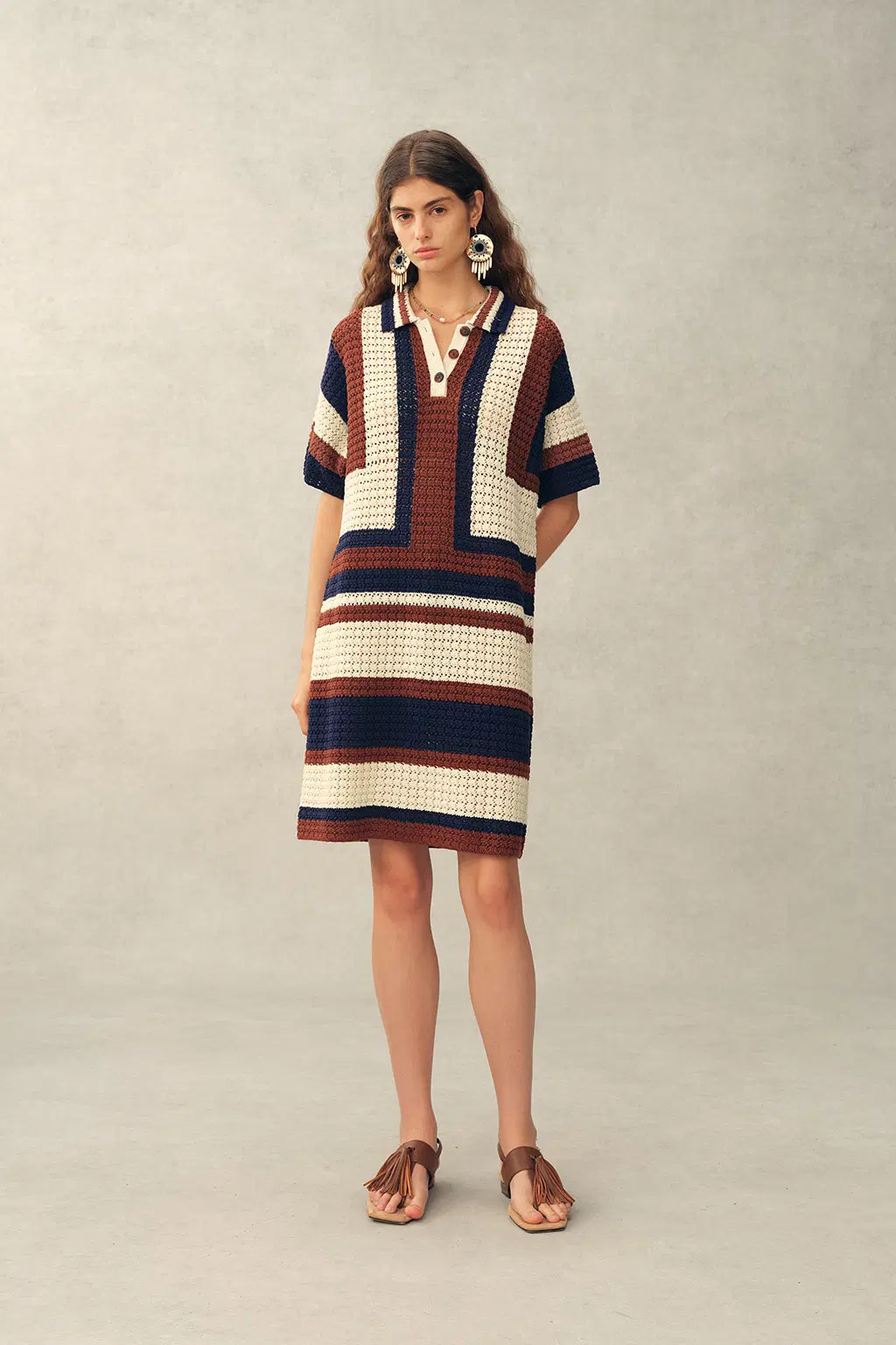 Louise Short-Sleeve Crochet Dress in Cotton-Linen Knit M