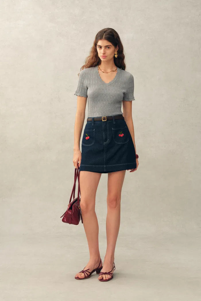 Evie V Neck Pointelle Short Sleeve Top in Cotton Knit – fbrq.com