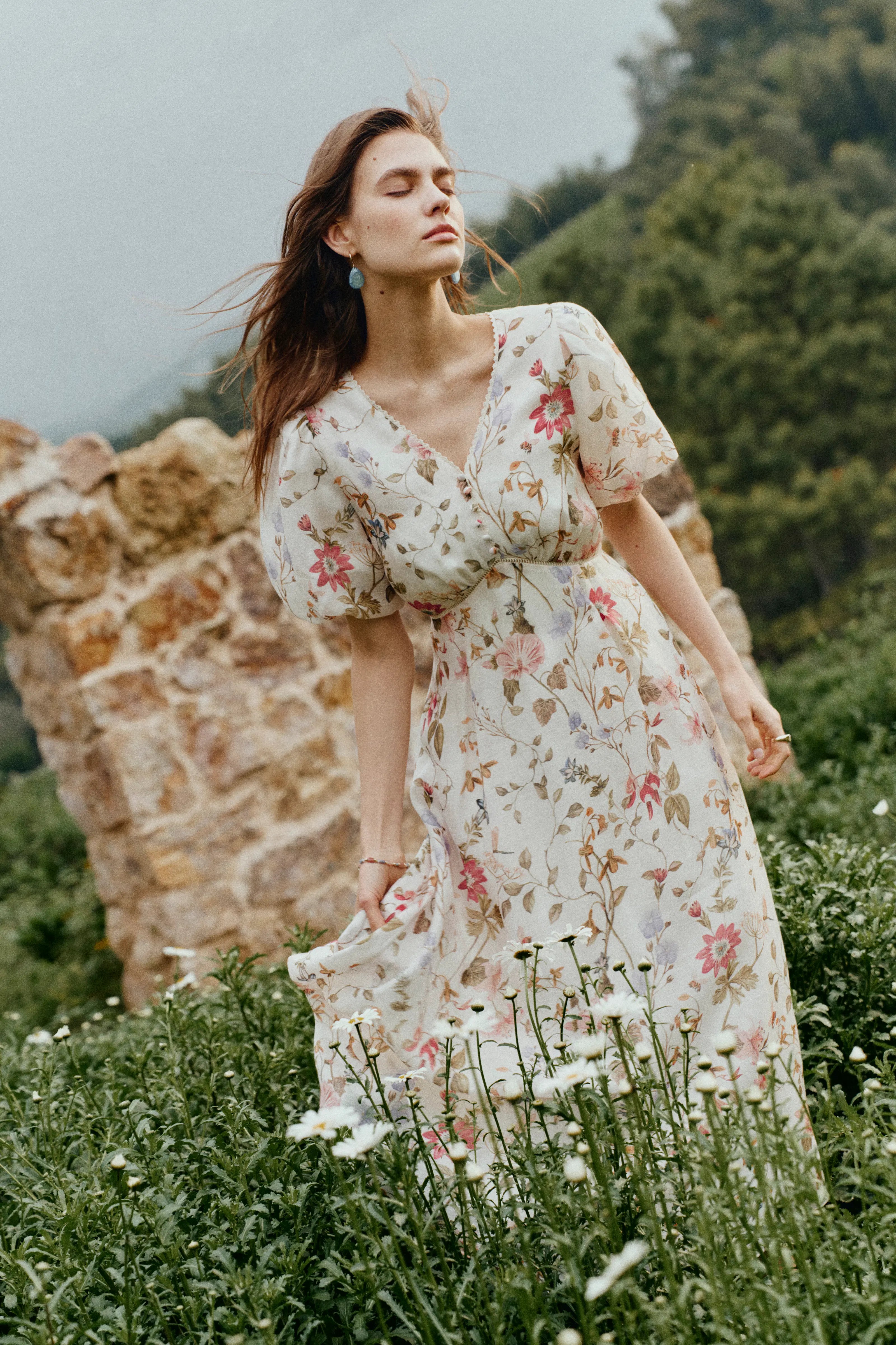 Willa Floral Print V Neck Puff Sleeve Dress in Silk Linen Organza S/P