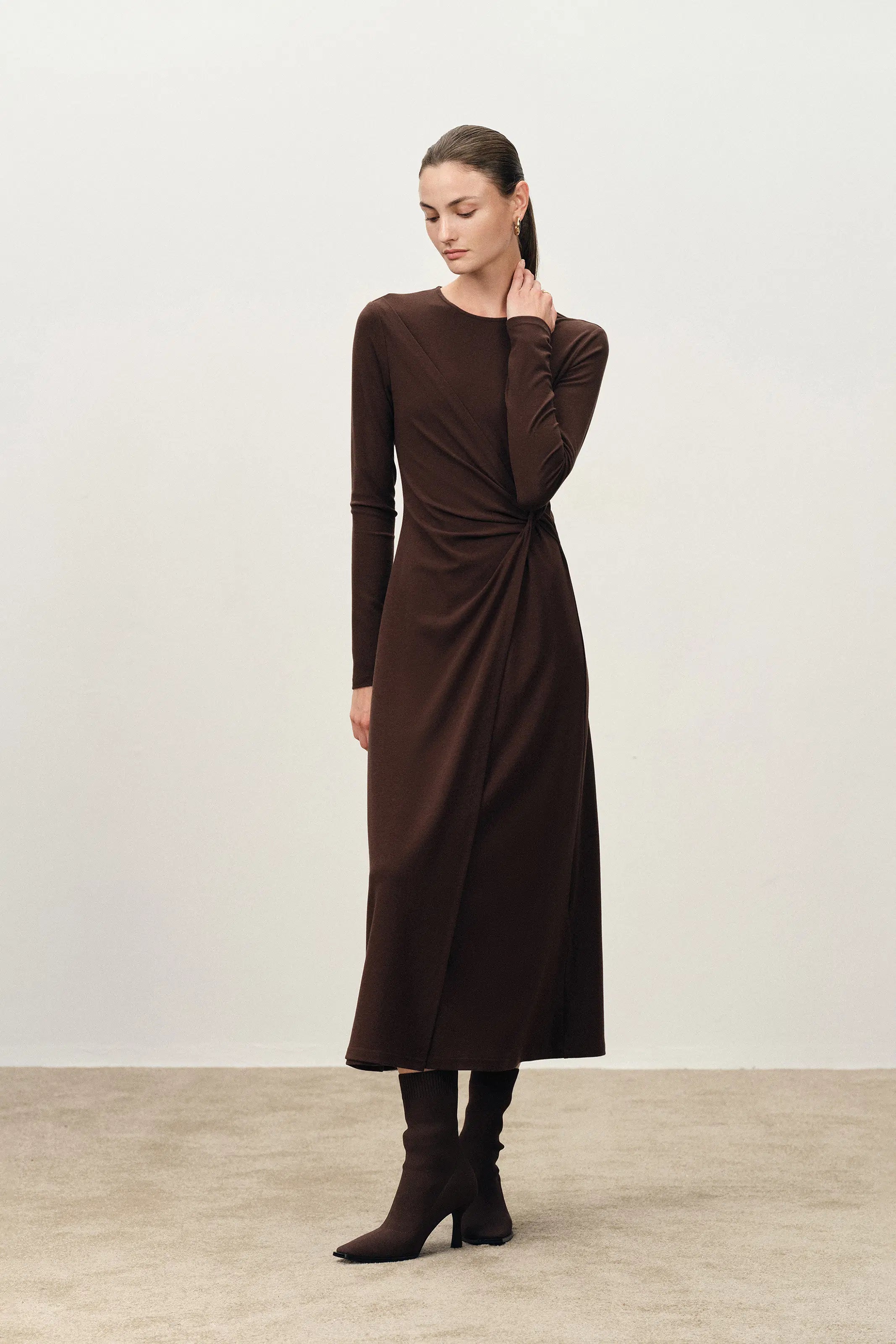Grace Twisted Drape Long Sleeve Maxi Dress in Tencel-Wool Knit –