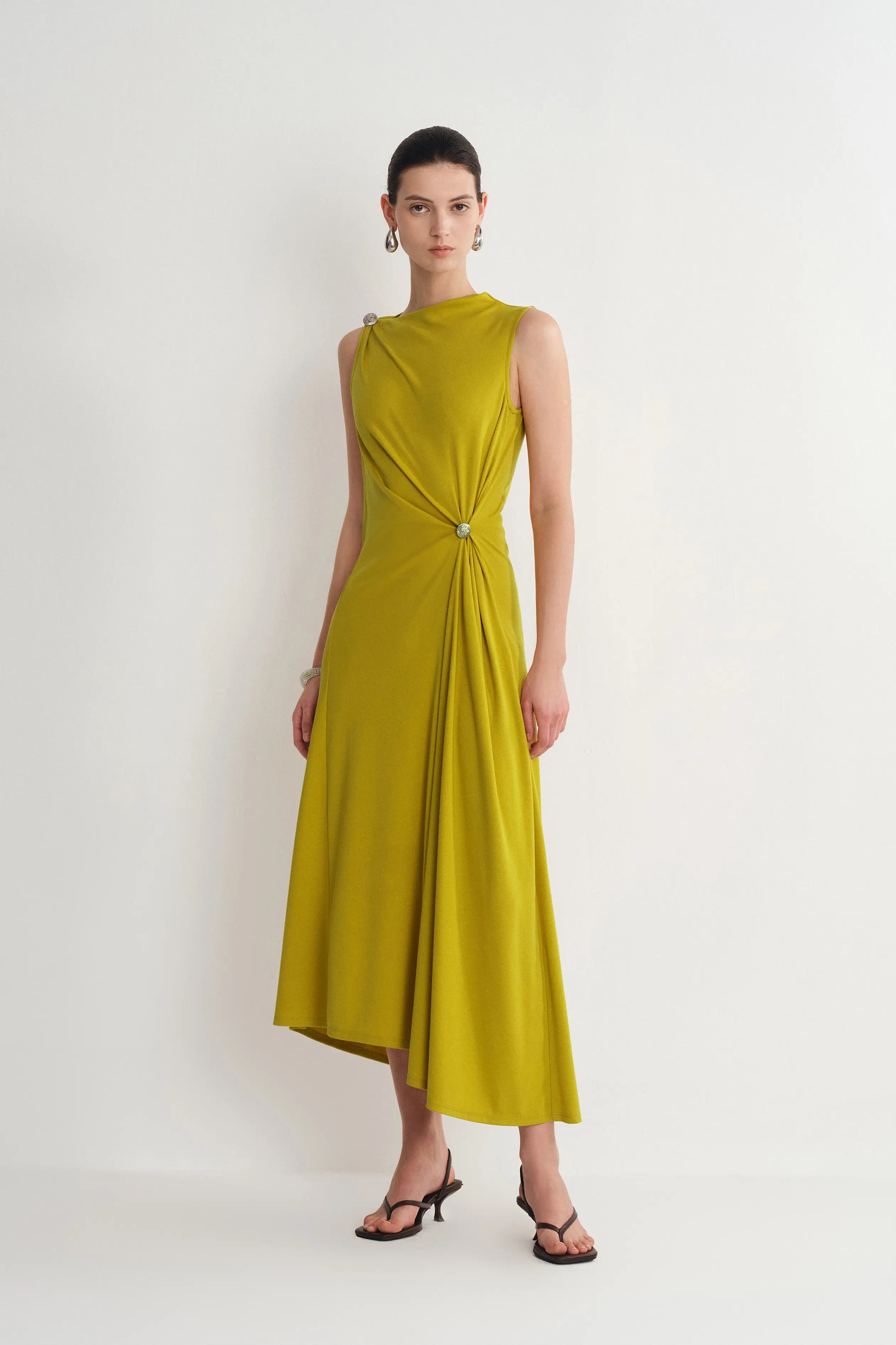 Kiki Mustard Green Asymmetric Knot Sleeveless Dress in Acetate Knit S