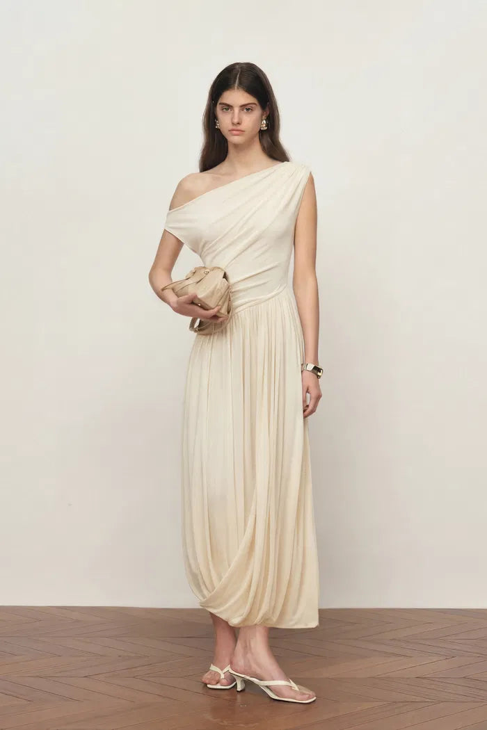 one shoulder beige dress Shona Joy - La Lune One Shoulder Cowl Back Maxi Dress - Cream