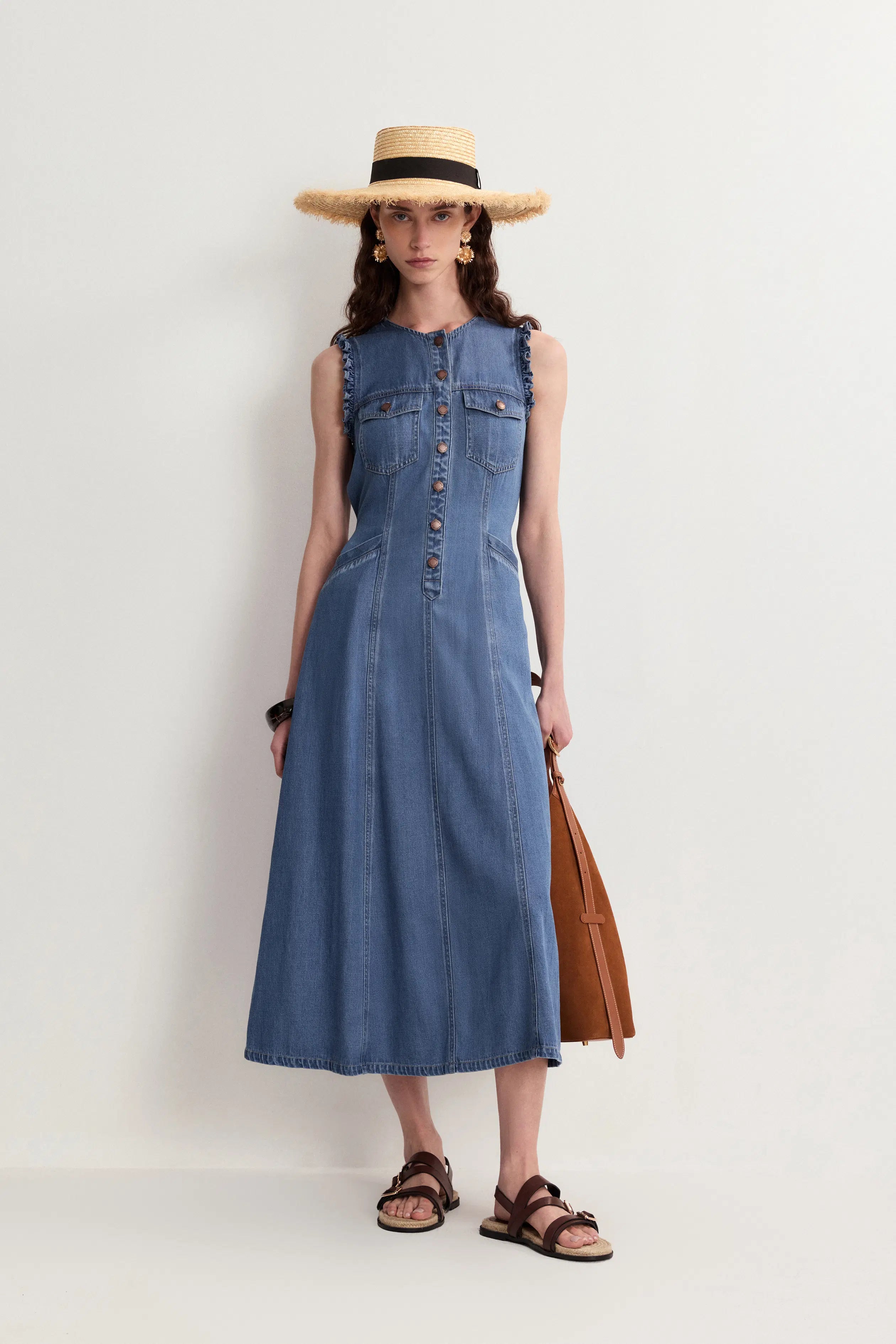 Amelia Scallop Buttoned Cinched Midi Dress in Cotton Linen Denim M
