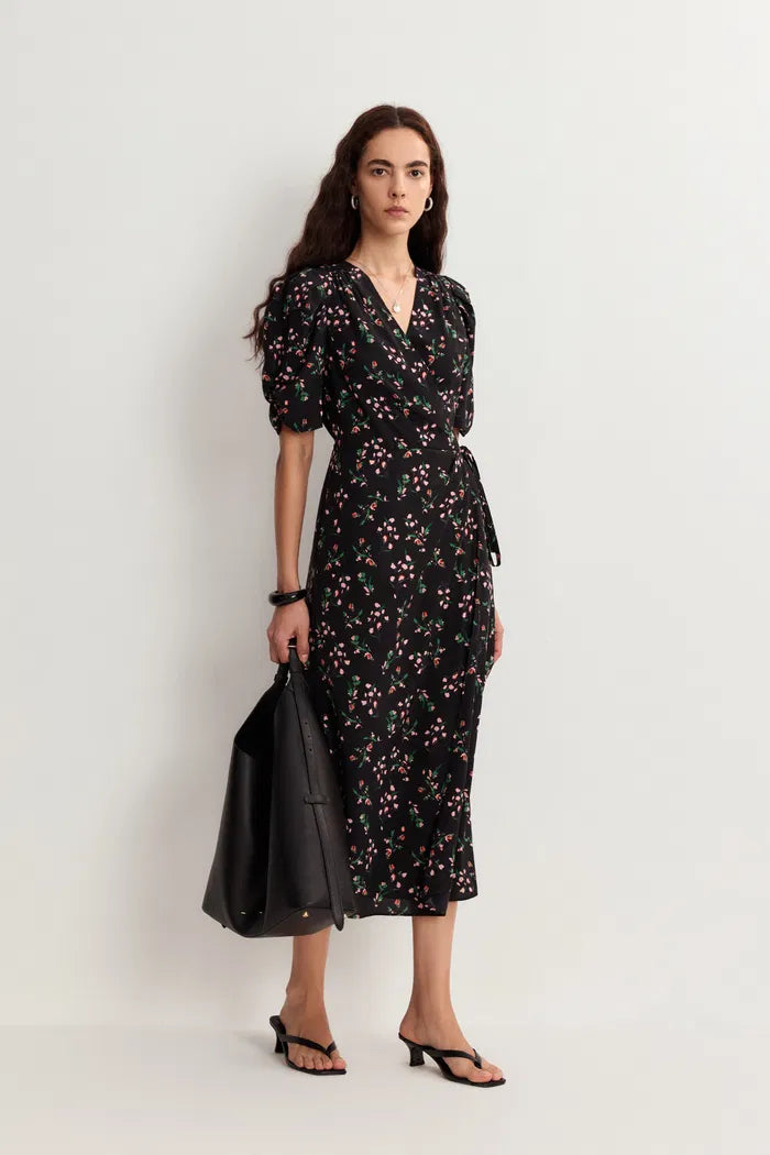 Teana V Neck Floral Dress in Mulberry Silk Crepe L Teana V Neck Floral Dress in Mulberry Silk Crepe L