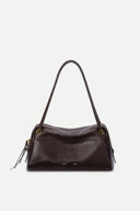 Brown suede Boston bag with a curved shape, long strap, front zip pocket and tassel details