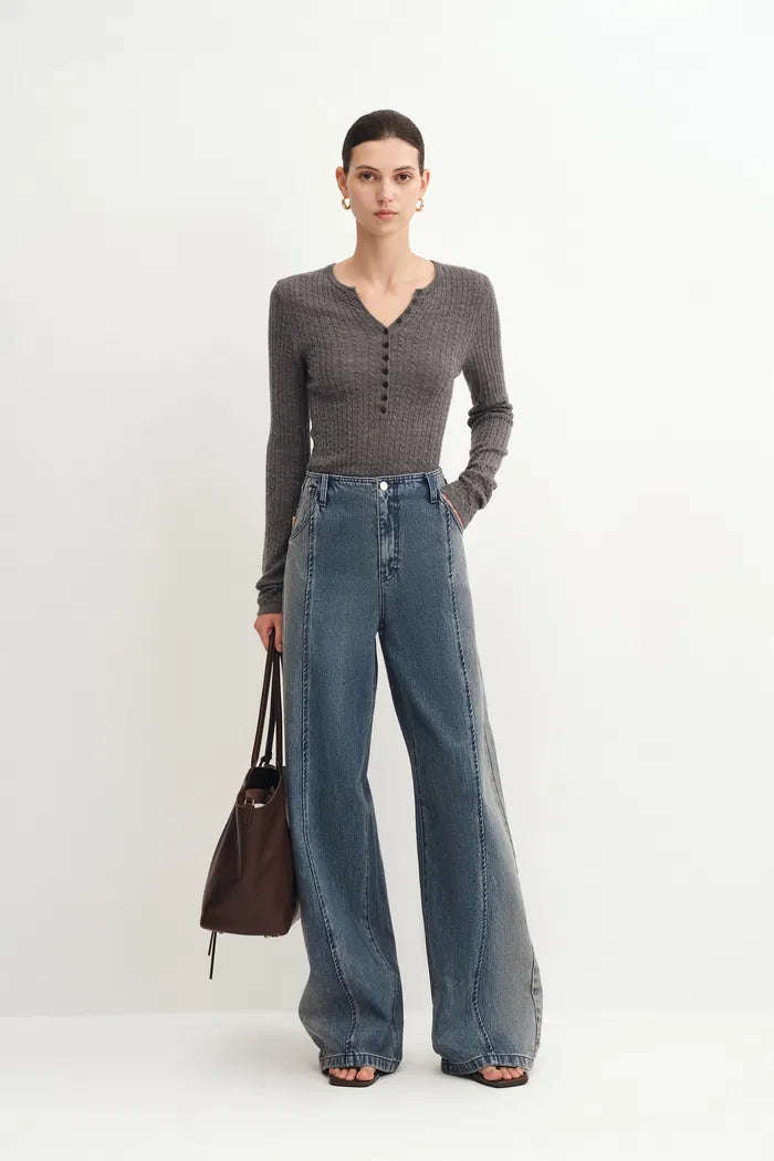 Paz Yellowish Baggy Washed Jeans in Cotton Denim