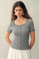 Mia Pointelle Square Neck Short Sleeve Cardigan in Cotton Knit