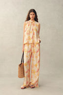 Charlotte Handpainted Floral Neck Tie Sleeveless Blouse and Pants Set in Silk Double Crepe