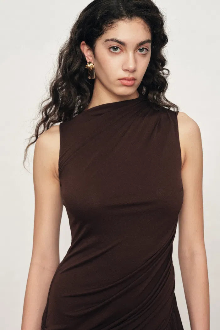 Avery Asymmetrical Ruched Sleeveless Dress in Acetate Blend Knit XS Avery Asymmetrical Ruched Sleeveless Dress in Acetate Blend Knit XS