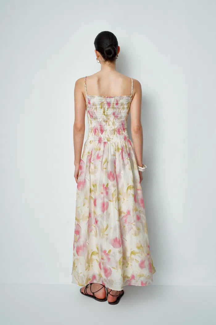 Kari Hand Woven Strap Shirred Dress in Silk-Linen Blend