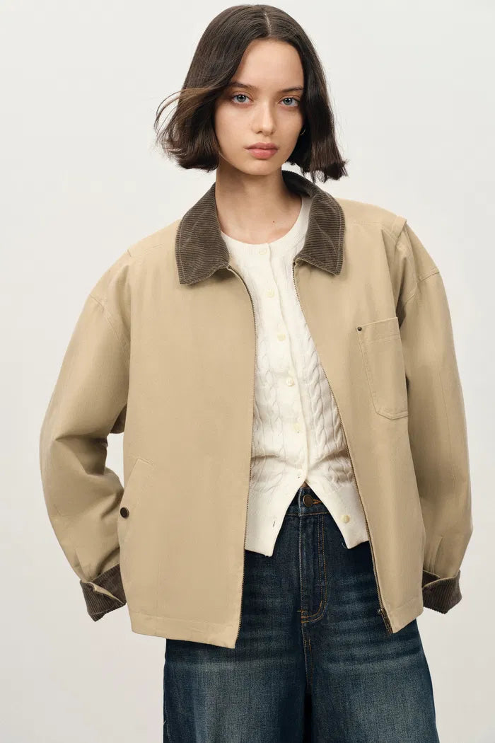 June Contrast Corduroy Collar Quilted Short Jacket in Cotton Twill