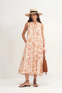 Emma Hand Painted Flora Sleeveless Midi Dress in Silk Cotton