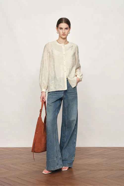 Veyra Embroidered Collarless Shirt in Lightweight Cotton Blend