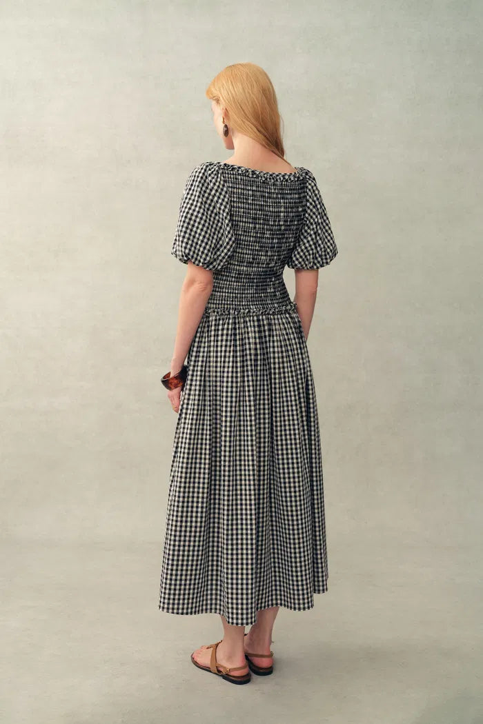 Vivinea Gingham Smocked Puff-Sleeve Dress in Cotton