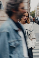 Star Walker White Fair Isle Pullover in Wool Pom-Pom Yarn Knit