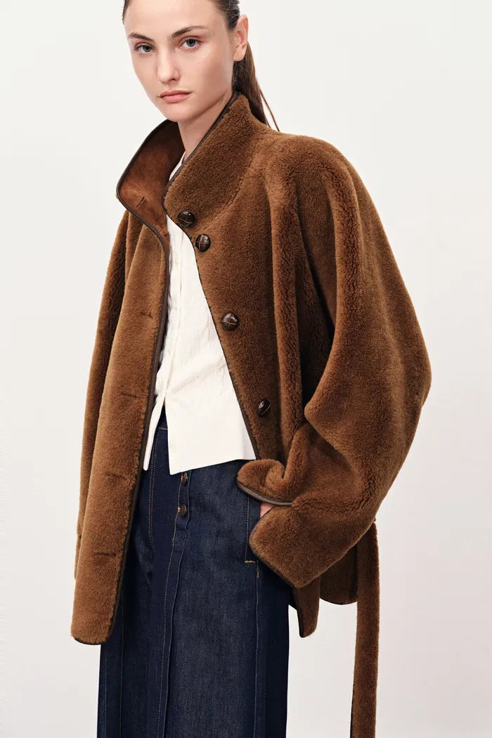 Carla Reversible Scarf Short Fur Coat in Merino Wool with Faux Carla Reversible Scarf Short Fur Coat in Merino Wool with Faux