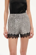 Crystalline Silver Sequin Lace Trim Shorts in Sequin Mesh