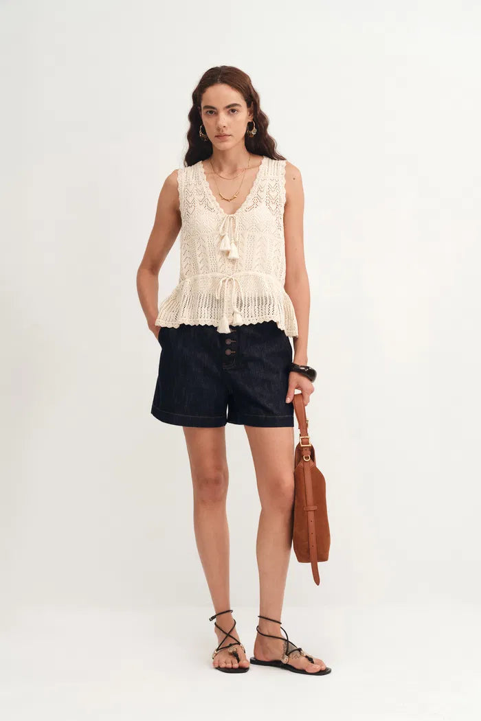 Perla Crocheted Pocket Shorts in Raw Denim