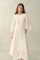 Aitana Lace Jacquard Embroidery Long Sleeves Irregular Hem Dress in Tencel Linen