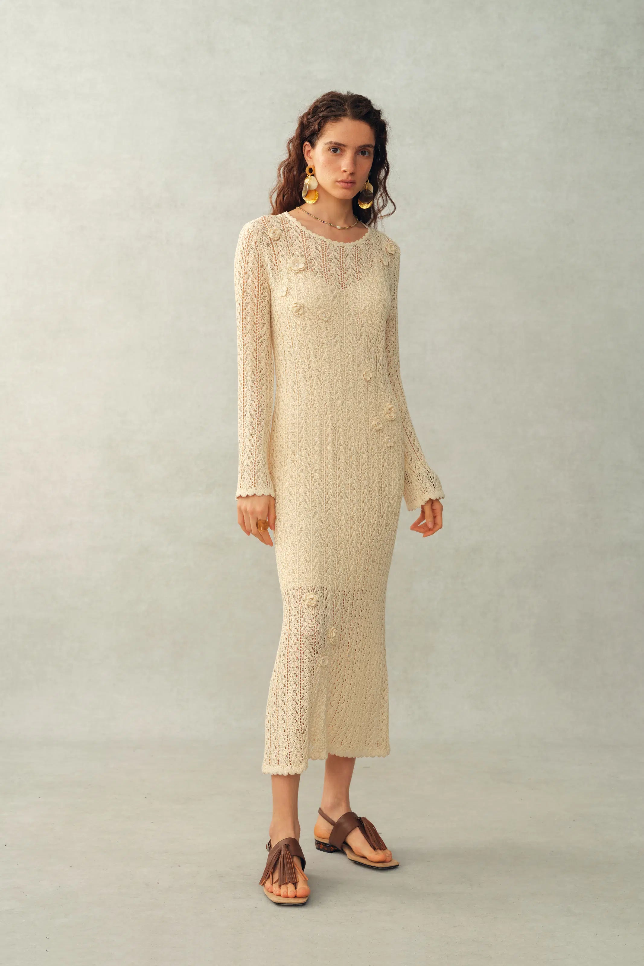 Eliana 3D Floral Open-Knit Dress in Linen Blend M