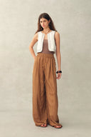 Charlie Boho Mother of Pearl Studded Side Tassel Tie Vest Top in Cotton Denim