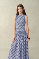 Crystal Handworked Sleeveless Plaid Top and Skirt Set in Stretch Bubble Cotton