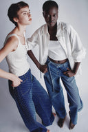Jeans rectos Natalie con degradado en denim jacquard de algodón con diseño de diamantes