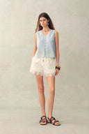 Yori Floral Embroidery V Neck Sleeveless Top in Linen Blend