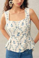 Elara Pleated Floral Square Neck Pearl Button Sleeveless Top in Linen Blend